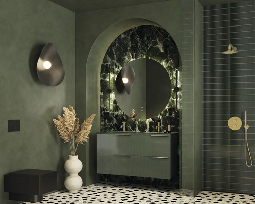 Modernes Badezimmer mit Waschtisch, Spiegel und Dusche