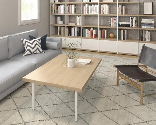 Wohnzimmer mit Sofa, Couchtisch, Sessel, Bücherregal und Teppich