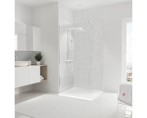 Duschrückwand SCHULTE DecoDesign ExpressPlus Beton hell 255 x 100 cm EP1901025 625 Helles Badezimmer mit ebenerdiger Dusche und Waschtisch