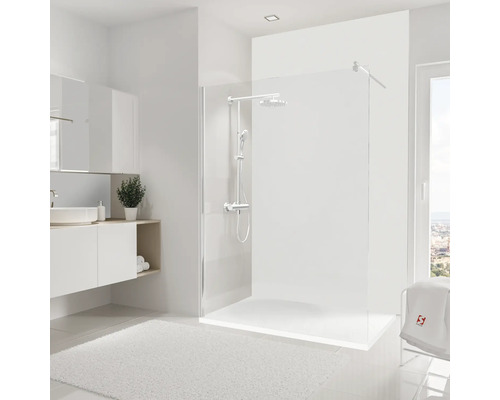 Duschrückwand SCHULTE DecoDesign ExpressPlus Stein Weiß 255 x 150 cm EP1901525 619 Modernes Badezimmer mit ebenerdiger Dusche, Waschtisch und Spiegel