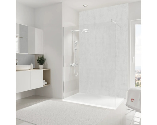 Duschrückwand SCHULTE DecoDesign ExpressPlus Beton hell 255 x 150 cm EP1901525 625 Badezimmer mit Dusche, Waschbeckenunterschrank und Handtuch