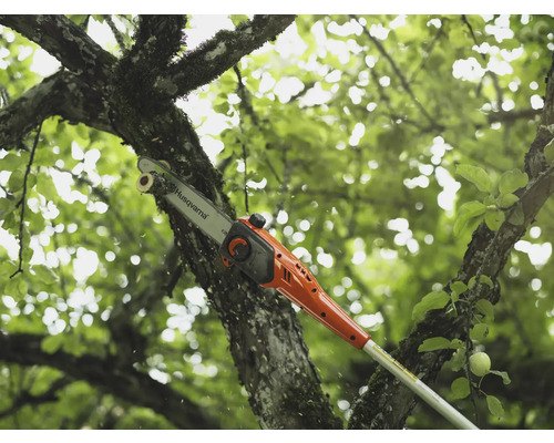 Husqvarna Hochentaster beim Beschneiden eines Astes im Garten