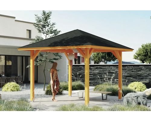 Pavillon SKAN HOLZ Cannes Gr. 1 374 x 374 cm Eiche hell Holzpavillon mit schwarzem Dach in einem Garten