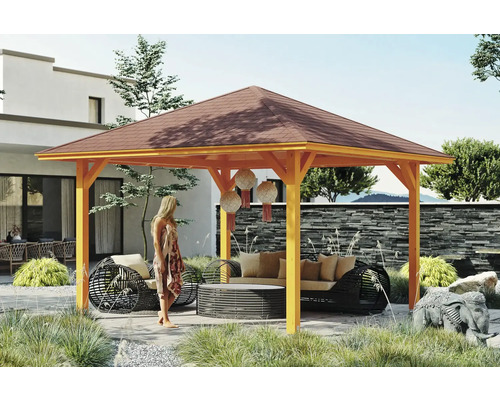 Pavillon SKAN HOLZ Cannes Gr. 2 439 x 439 cm Eiche hell Holzpavillon mit Sitzmöbeln im Garten