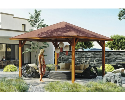 Pavillon SKAN HOLZ Cannes Gr. 2 439 x 439 cm nußbaum Holzpavillon mit Gartenmöbeln im Außenbereich