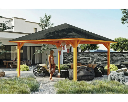Pavillon SKAN HOLZ Cannes Gr. 3 504 x 504 cm Eiche hell Holzpavillon mit Sitzgruppe in einem Garten