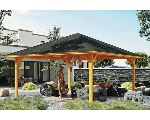 Pavillon SKAN HOLZ Cannes Gr. 4 569 x 569 cm Eiche hell Holzpavillon mit Ziegeldach und Sitzgruppe im Garten