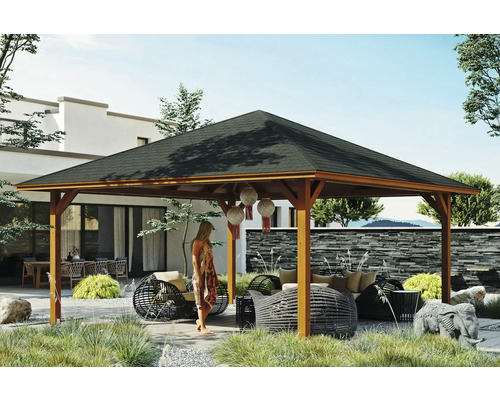 Pavillon SKAN HOLZ Cannes Gr. 4 569 x 569 cm nußbaum Holzpavillon mit Möbeln und Dekoration in einem Garten