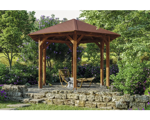 Pavillon SKAN HOLZ Colmar Douglasie Gr. 2 ø 420 cm nußbaum Holzpavillon mit Ziegeldach in einem Garten