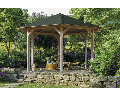 Pavillon SKAN HOLZ Colmar Douglasie Gr. 3 ø 480 cm natur Holz Pavillon mit Möbeln im Garten