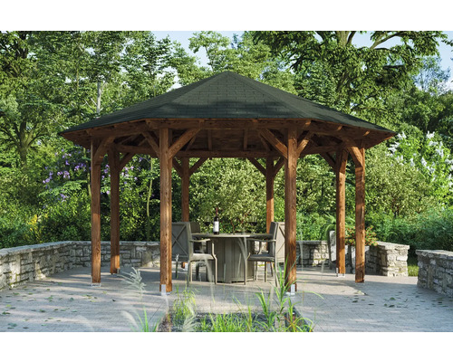 Pavillon SKAN HOLZ Lyon Douglasie Gr. 2 ø 484 cm nußbaum Holzpavillon mit Tisch und Stühlen im Garten