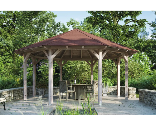 Pavillon SKAN HOLZ Lyon Douglasie Gr. 3 ø 557 cm natur Gartenpavillon aus Holz mit Dach und Tischgruppe