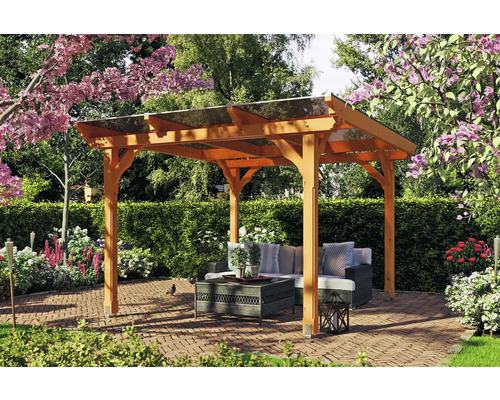 Pavillon SKAN HOLZ Marseille 327 x 350 cm Eiche hell Holzpavillon mit Sitzgruppe im Garten