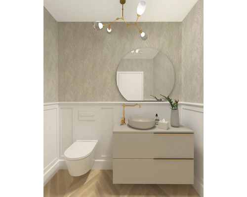 Helles Badezimmer mit Toilette, Waschtisch mit Unterschrank, Spiegel und Deckenleuchte