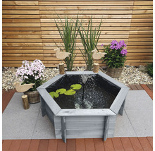 Hochteich promadino Miniteich 6eck-Hochteich, grau mit Teichfolie 122 x 105 x 40 cm und Teichpumpe (600 ltr/Std., 10m Kabel) mit Springbrunnendüsen