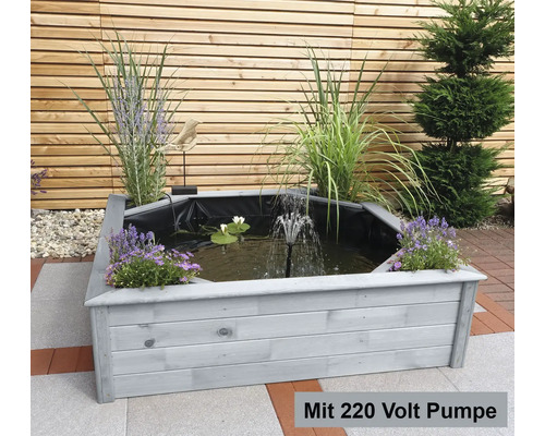 Holzteich mit Pumpe und Bepflanzung im Garten