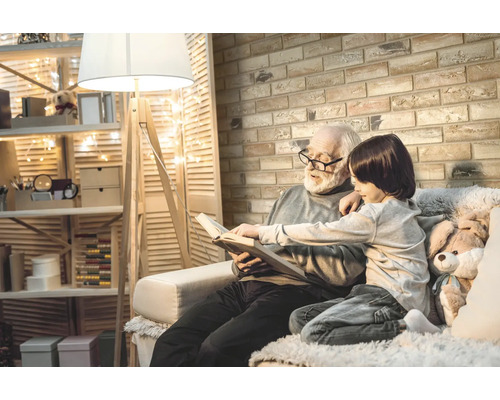 Ein Großvater liest mit seinem Enkel ein Buch in einem hellen, gemütlichen Wohnzimmer mit gemauerter Wand und Stehlampe.