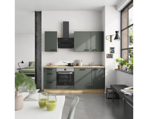 NOBILIA Küchenzeile mit Geräten Urban 210 cm Frontfarbe mineralgrün matt Korpusfarbe eiche sierra Variante links