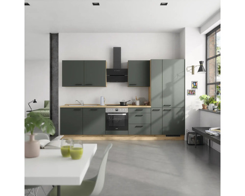 NOBILIA Küchenzeile mit Geräten Urban 330 cm mineralgrün matt vormontiert Variante rechts