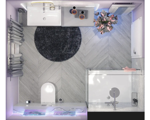 Draufsicht eines Badezimmers mit Waschbecken, Toilette, Dusche und rundem Teppich