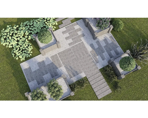 Gartengestaltung mit Holzweg, Kies und Bepflanzung