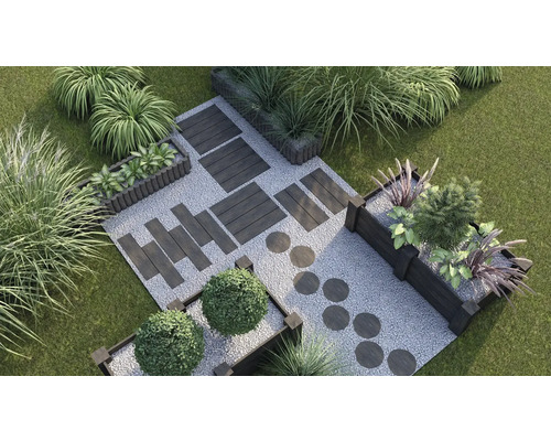 Vogelperspektive einer Gartengestaltung mit Kieswegen, Holzterrassen und Pflanzenbeeten