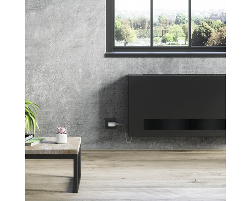 Szene mit einem schwarzen Heizkörper unter einem Fenster in einem Wohnraum.