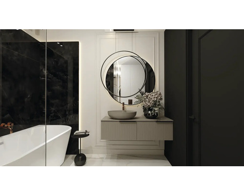 Modernes Badezimmer mit freistehender Badewanne, Waschtisch und Spiegel