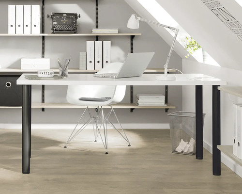 Arbeitszimmer mit Schreibtisch, Stuhl, Regalen und Büromaterialien