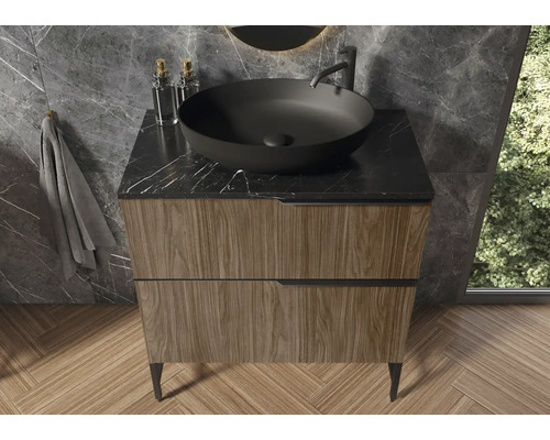 Badezimmer Waschtisch mit schwarzem Aufsatzwaschbecken und zwei Schubladen