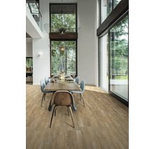 Heller Essbereich mit Holzboden, Esstisch und Stühlen in modernem Haus.
