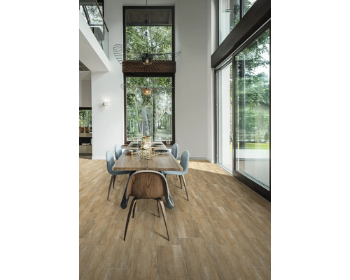Heller Essbereich mit Holzboden, Esstisch und Stühlen in modernem Haus.