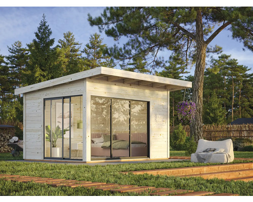 Gartenhaus Palmako Andrea 11,2 m² Slide inkl. Fußboden 434 x 402 cm tauchgrundiert Modernes Gartenhaus mit Schiebetüren und Flachdach in grüner Umgebung.