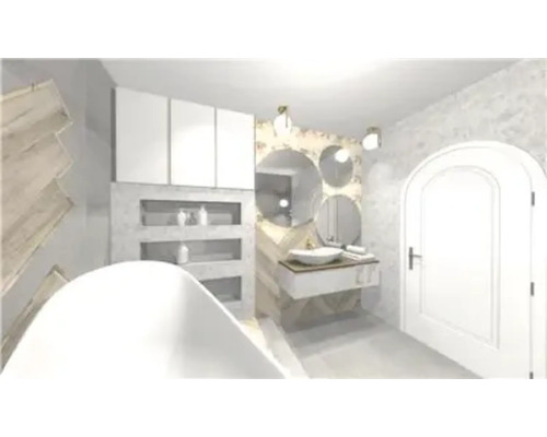 Badezimmer mit Badewanne, Waschtisch, Spiegeln und Schränken für ein modernes Design