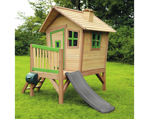 Spielhaus aus Holz mit Rutsche für den Garten