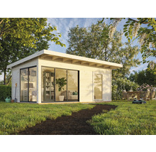Modernes Gartenhaus mit großen Glasfronten im grünen Garten