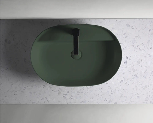 Aufbauwaschbecken aus Keramik mit Armatur von oben