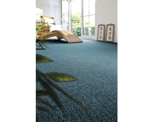 Szene mit Teppichboden, Korbliege und Zimmerpflanze in einem hellen Raum