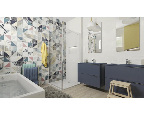 Badezimmer mit Dusche, Badewanne, Waschbeckenunterschränken und gemusterten Fliesen