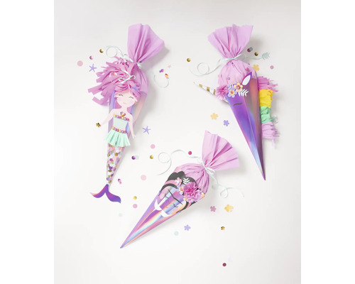 Drei Schultüten mit Meerjungfrau-, Einhorn- und Wolkendesign