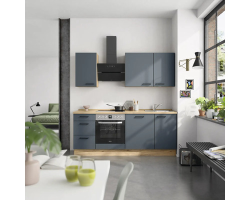 NOBILIA Küchenzeile mit Geräten Urban 210 cm fjordblau matt vormontiert Variante links