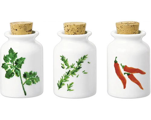 Drei weiße Vorratsdosen aus Keramik mit Korkdeckel und Kräutermotiven