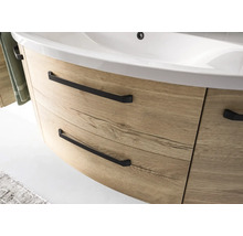 Waschtischunterschrank mit Holzoptik und schwarzen Griffen