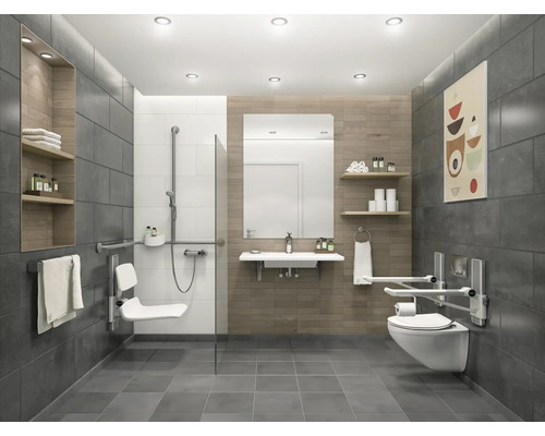 Barrierefreies Badezimmer mit Dusche, Toilette und Waschbecken für Menschen mit eingeschränkter Mobilität.