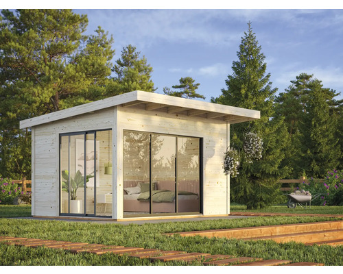 Gartenhaus Palmako Andrea 11,2 m² Slide Plus inkl. Fußboden 434 x 402 cm natur Modernes Gartenhaus aus Holz mit großen Glasschiebetüren und Garten