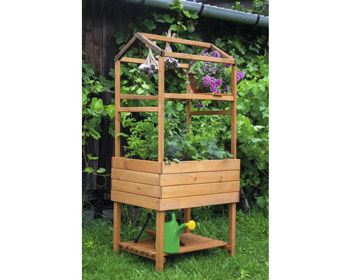 Hochbeet aus Holz mit Pflanzen, Knoblauch und Gießkanne im Garten