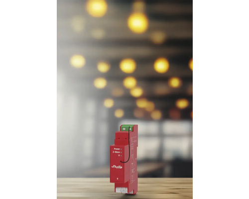 Shelly Logo auf rotem Smart Home Relais