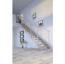Innenraum mit Treppe mit Metallgeländer und Holzstufen