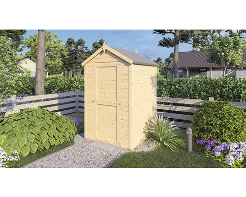 Gerätehaus Mini mit Fußboden 134 x 136 cm natur exclusiv bei Hornbach Gartenschrank aus Holz mit Tür in einem Garten