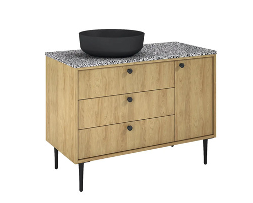 Waschtisch mit drei Schubladen, einer Tür und einer Aufsatzwaschschale